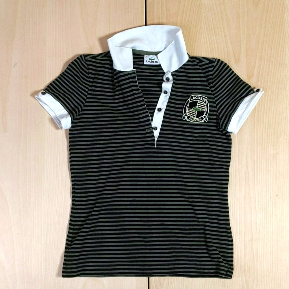 LACOSTE Border Short Sleeve Polo Shirt Size 38 (Small) Green Black Ivory Women